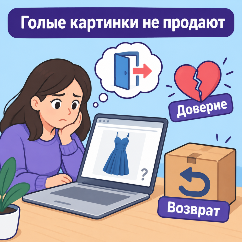 Страница товара с пустым описанием и фотографией без текста