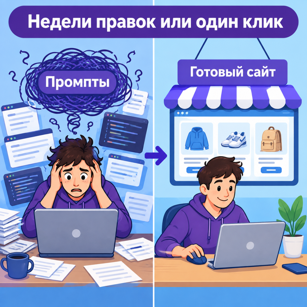 Ручная генерация против готового генератора магазина для селлеров Сравнение ручной генерации сайта через ИИ и автоматического создания витрины из карточек Wildberries