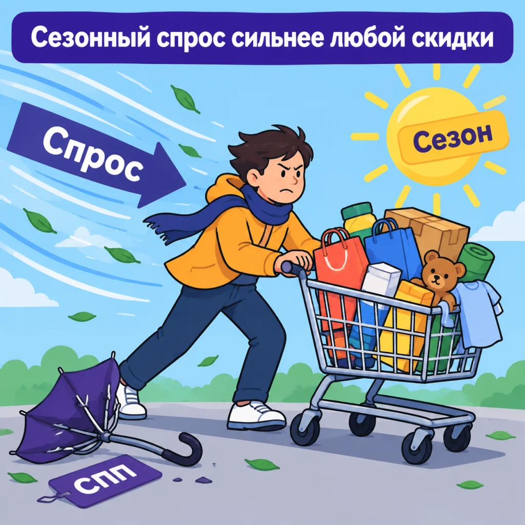 Покупатель скупает товары в сезон несмотря на снижение скидки