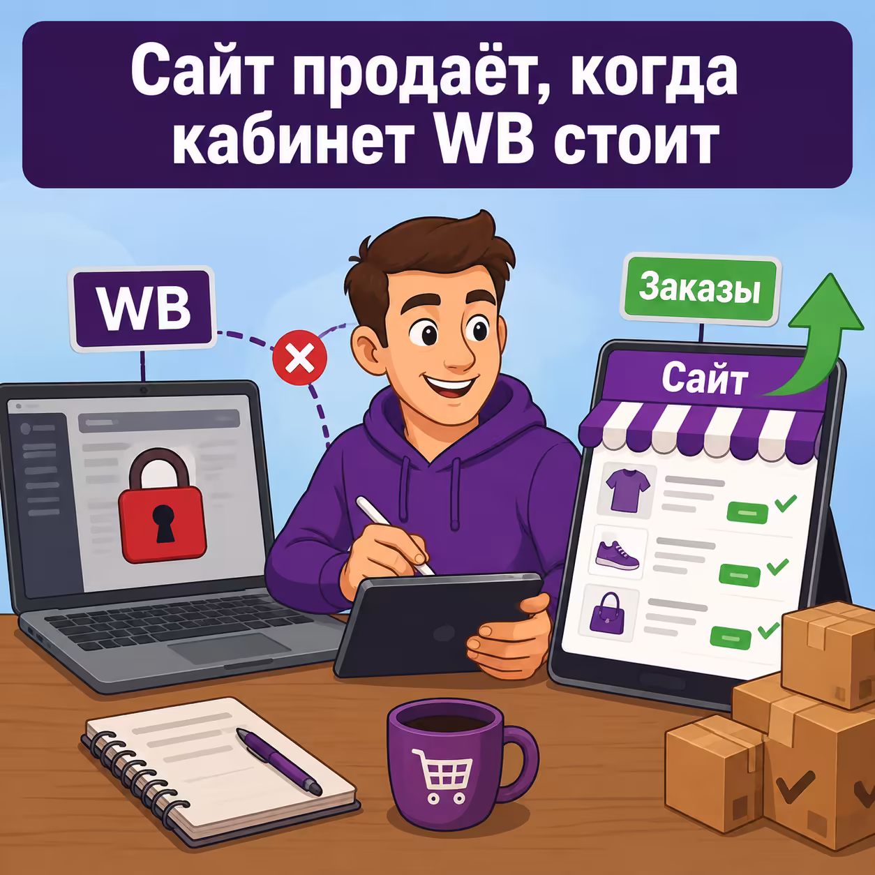 Свой интернет-магазин из карточек WB работает, пока кабинет маркетплейса недоступен. Селлер получает заказы через собственный сайт, пока Wildberries заблокирован